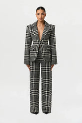 Houndstooth Plaid Wide-Leg Pants