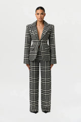 Houndstooth Plaid Wide-Leg Pants