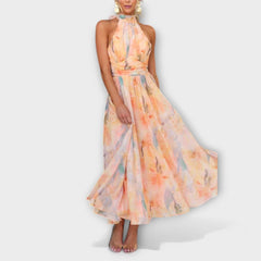 Women’s Flowy Halter Neck Backless Maxi Dress – Watercolour Print