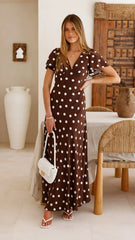 Rayne Maxi Dress - Brown/White Polka