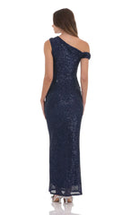 Sequin Off Shoulder Maxi Dress in Navy