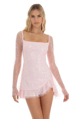Sequin Long Sleeve Dress in Pink