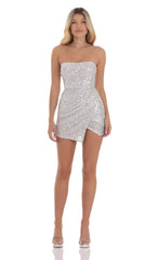 Strapless Knit Sequin Dress in Silver