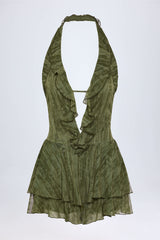 Ruffled Plunge Halterneck Playsuit in Green Print