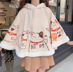 Cute Lucky Cat Ears Cloak Hoodie Pullover Sweatshirt Autumn Winter Aesthetic Casual E-Girl Kawaii Korean Japanese Harajuku