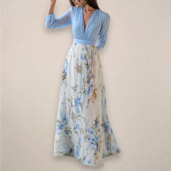 Women’s Long Sleeves Floral Maxi Dress – V-Neck Elegance