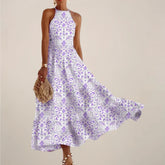Women’s Printed Halter Neck Maxi Dress – A-Line Flowy Summer Dress