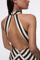 Modern Perfection Geometric Stripes Print Open Back Irregular Hem Maxi Dress