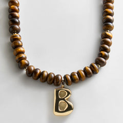 Semi-Precious Bubble Initial Necklace - Tiger's Eye