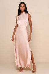 Classic Elegance Blush Satin Sleeveless Mock Neck Maxi Dress