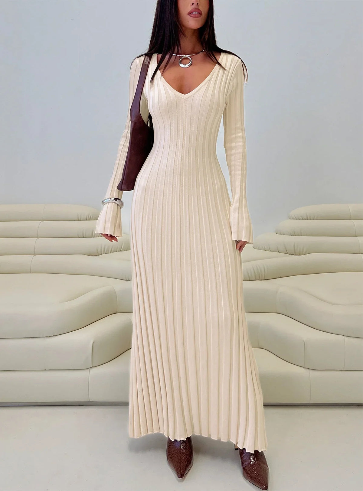 Gratuita Long Sleeve Rib Maxi Dress Cream