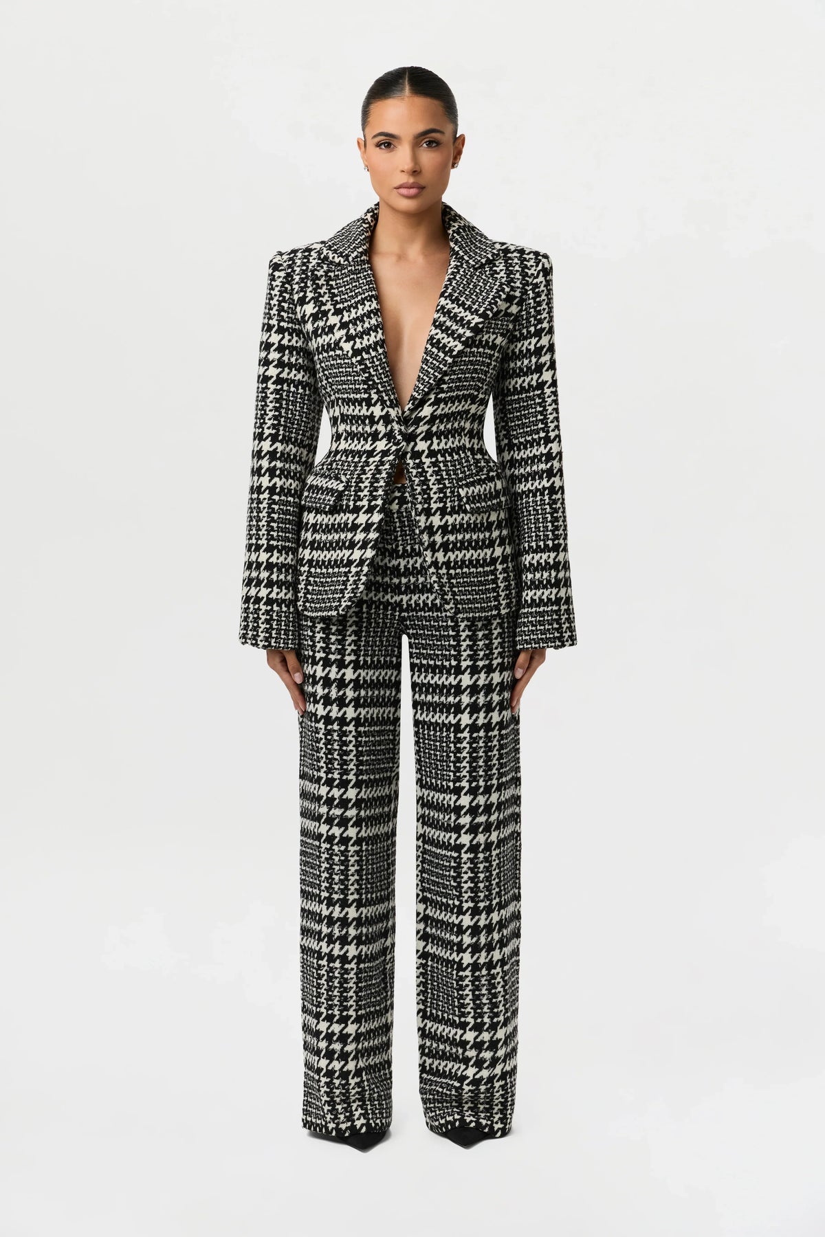 Houndstooth Plaid Wide-Leg Pants
