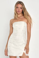 Bubbly Beauty Ivory Jacquard Strapless Bustier Mini Dress