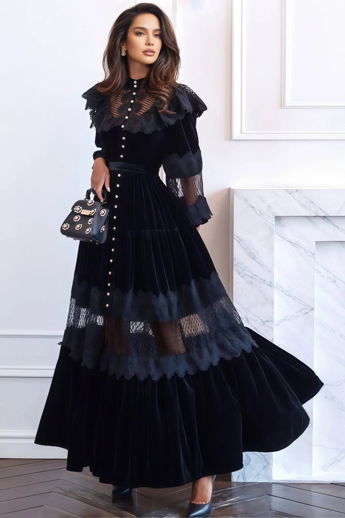 Sorelf Lace Floral Cutout Maxi Dress