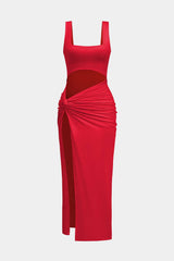 Solid Twist Front Cut Out Slit Midi Dress