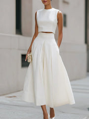 Sleeveless Cropped Top And Pleated Midi Skirt Set
