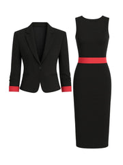 Contrast Trim Blazer & Sleeveless Midi Dress Set