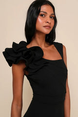 Lucette Black Sleeveless Ruffled Mermaid Maxi Dress