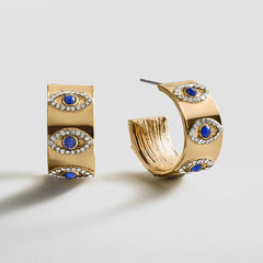 Evil Eye On Repeat Hoop Earrings - Gold/Blue