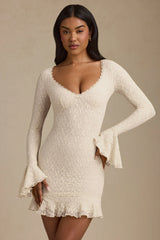 Long-Sleeve Ruffled Lace Mini Dress in Ivory