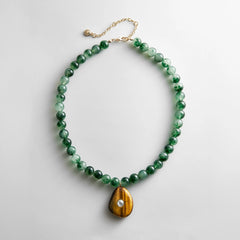 Jamie Semi-Precious Beaded Necklace - Green Jade/Tiger's Eye