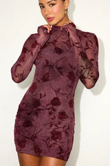 Seranda Burgundy Floral Mesh Mock Neck Mini Dress
