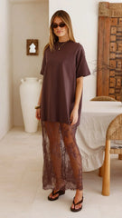 Raina T-Shirt Maxi Dress - Brown Lace