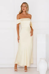 The Hype Off Shoulder Satin Midi Dress