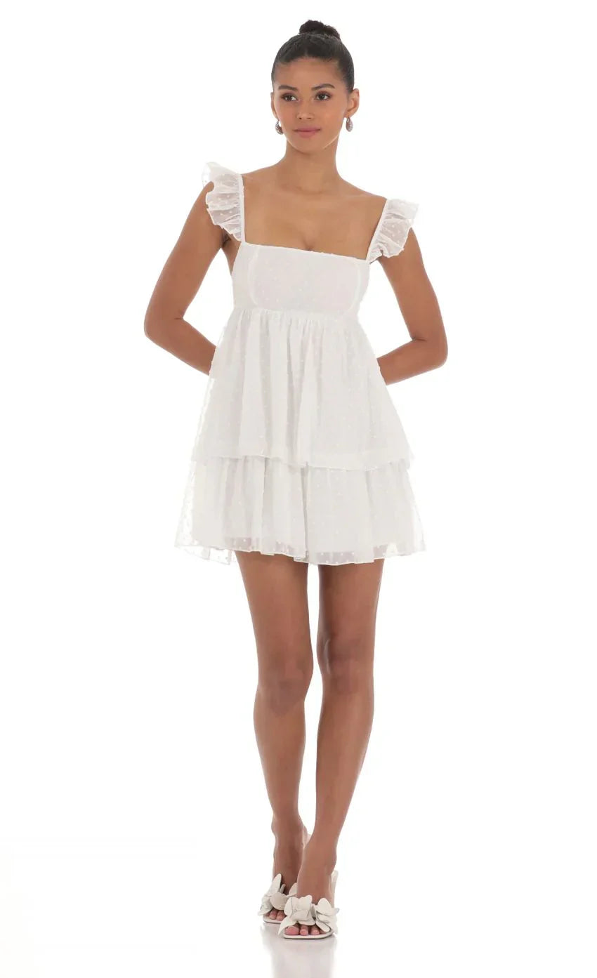 Dotted Ruffle Dress in White