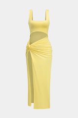 Solid Twist Front Cut Out Slit Midi Dress