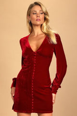 Make it Merry Wine Red Velvet Long Sleeve Button-Up Mini Dress