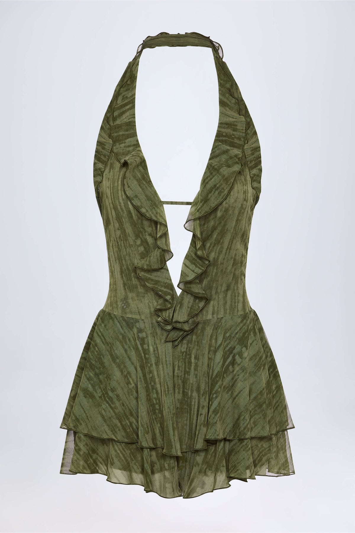 Ruffled Plunge Halterneck Playsuit in Green Print