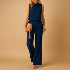 Women’s Wide Leg Jumpsuit – Round Neck Mid-Waist Fit for Elegant Styling