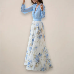 Women’s Long Sleeves Floral Maxi Dress – V-Neck Elegance