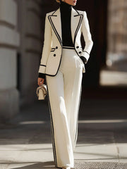 White Contrast - Trim Double - Breasted Suit Set
