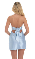 Satin Strapless Twist Cutout Dress in Light Blue