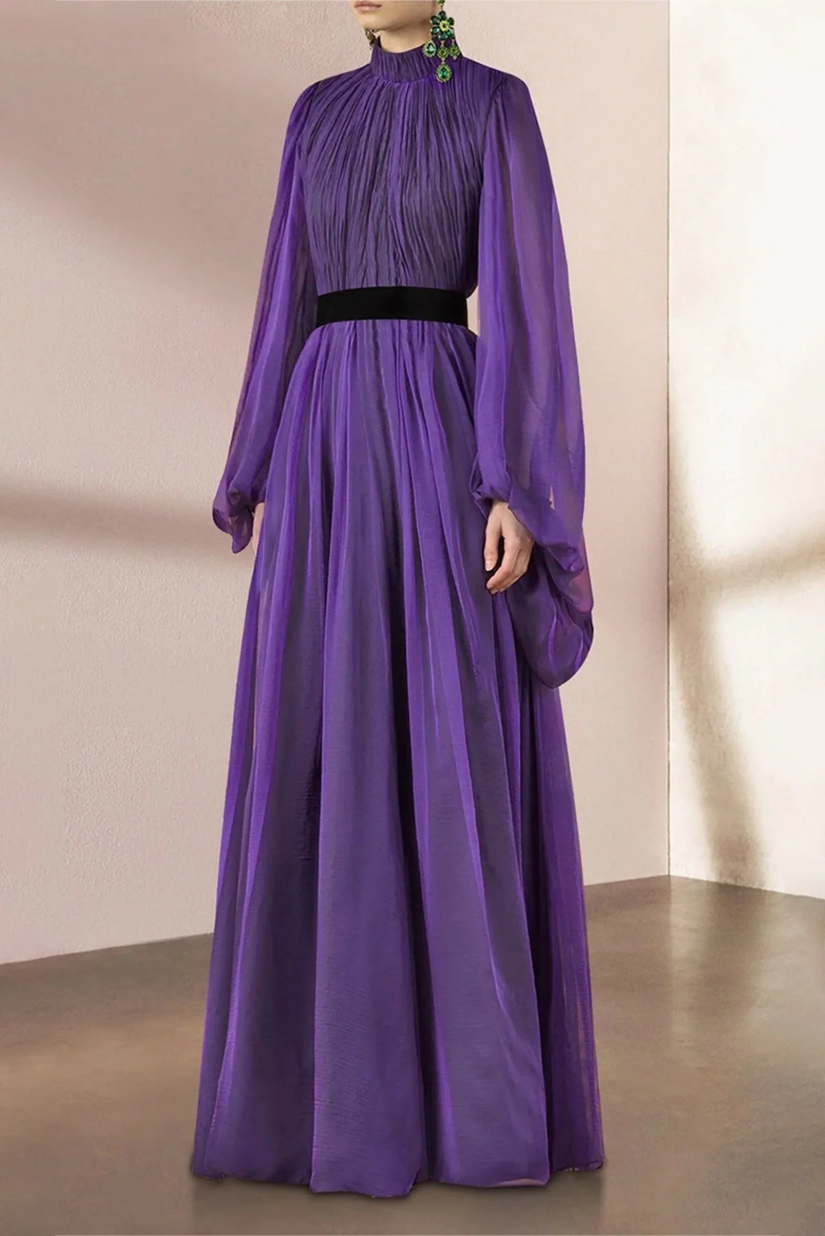 Solid Ruched Lantern Sleeve Midi Dress
