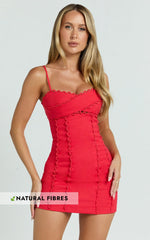 Gigi Mini Linen Dress - Sweetheart Tie Back Scallop Detail Dress in Red