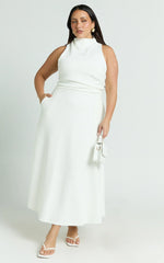 Macy Midi Dress - High Neck A Line Dress in Off White