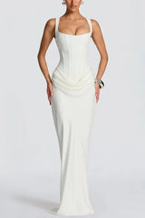 Larrah Square Neck Back Lace-up Satin Drape Hem Maxi Dress