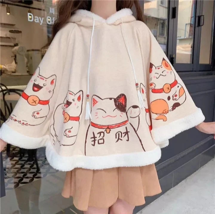 Cute Lucky Cat Ears Cloak Hoodie Pullover Sweatshirt Autumn Winter Aesthetic Casual E-Girl Kawaii Korean Japanese Harajuku