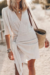 Women’s Wrap Linen Mini Dress – Asymmetrical Hem and Adjustable Fit for Summer