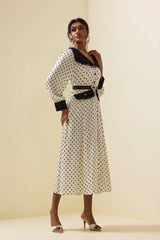 Polka Dot Lace Lantern Sleeve Midi Dress With Belt