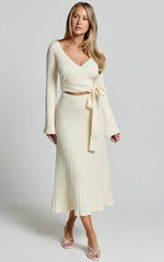 Andreia Midi Dress - Knitted Wrap Long Sleeve Dress in Cream