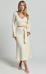 Andreia Midi Dress - Knitted Wrap Long Sleeve Dress in Cream